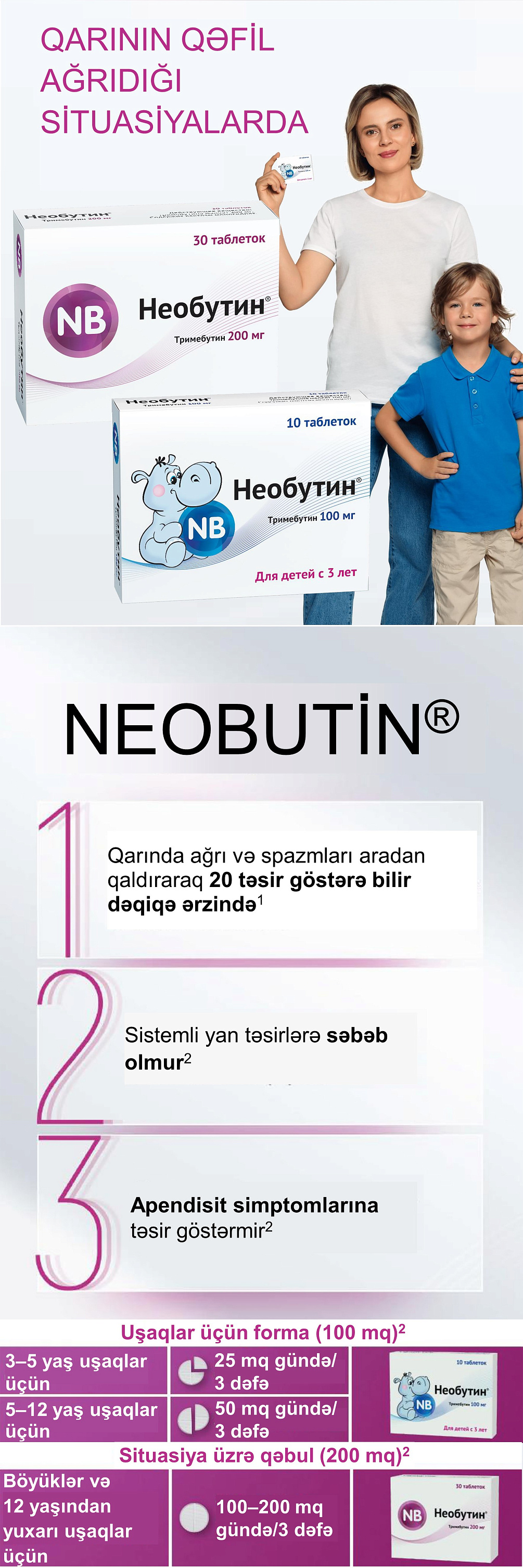 NEOBUTIN<sup>®</sup> - qarinin qəfil ağridiği situasiyalarda